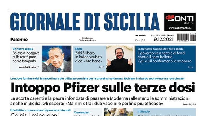 Prima Pagina, Giornale di Sicilia: “Intoppo Pfizer sulle terze dosi” Prima Pagina, Giornale di Sicilia: “Intoppo Pfizer sulle terze dosi” - immagine 1