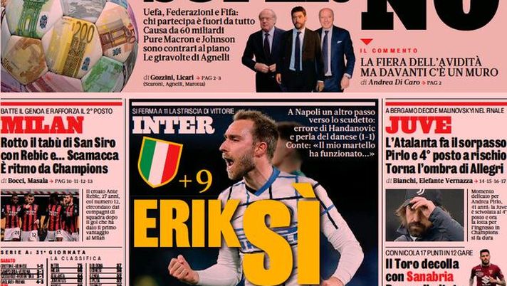 Prima Pagina, La Gazzetta dello Sport: “Superlega? Super no! Inter, Eriksì” 