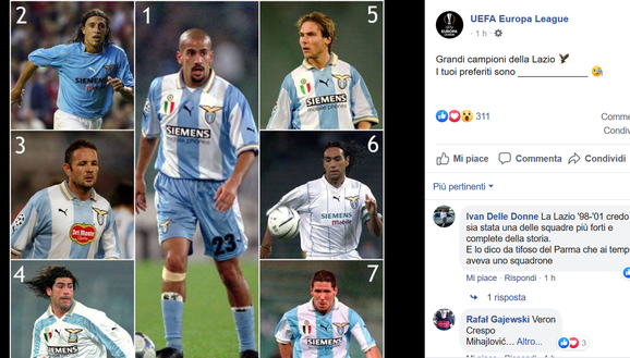 Il post Facebook dell'account dell'Europa League sulla Lazio Il post Facebook dell'account dell'Europa League sulla Lazio
