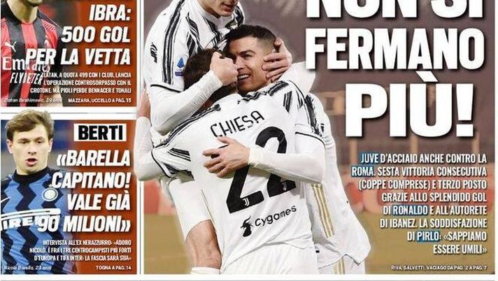 Prima Pagina, Tuttosport: &#8220;Juve d&#8217;acciaio: non si ferma più! Con Nicola è rimonToro&#8221; 