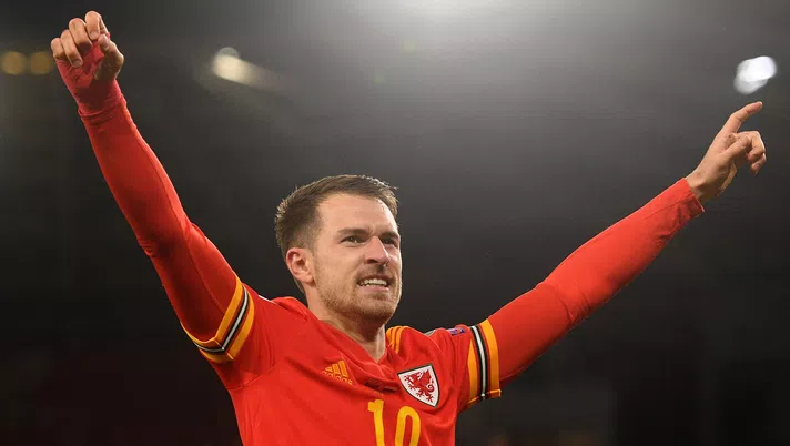CARDIFF, WALES - NOVEMBER 19: Aaron Ramsey of Wales celebrates after he scores his sides second goal during the UEFA Euro 2020 qualifier between Wales and Hungary so at Cardiff City Stadium on November 19, 2019 in Cardiff, Wales. (Photo by Harry Trump/Getty Images)