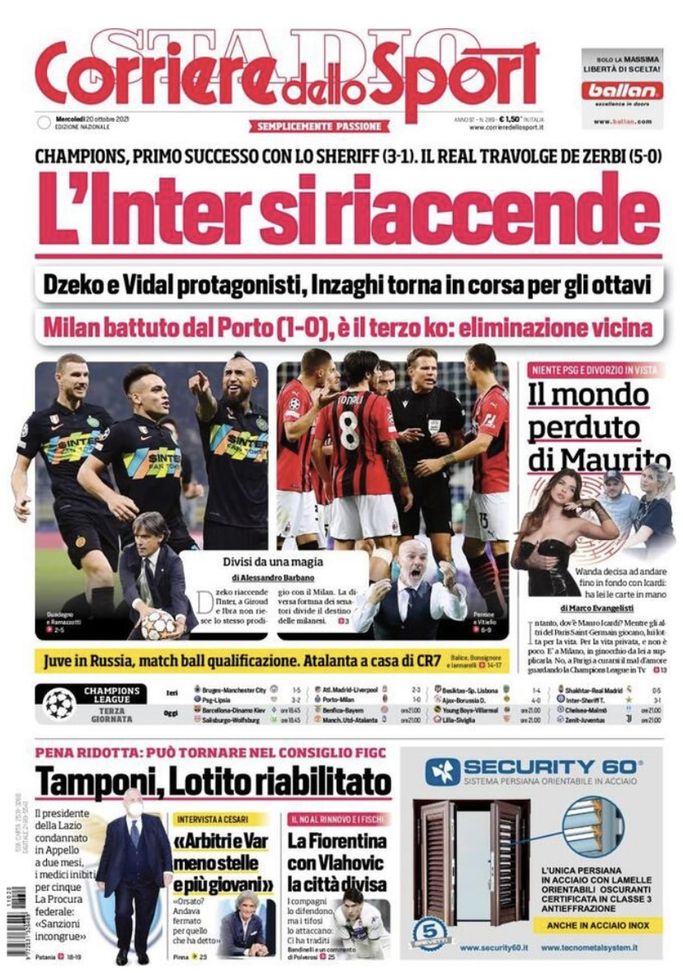 Prima Pagina Corriere dello Sport: “L’Inter si riaccende. Milan, eliminazione vicina” - immagine 1