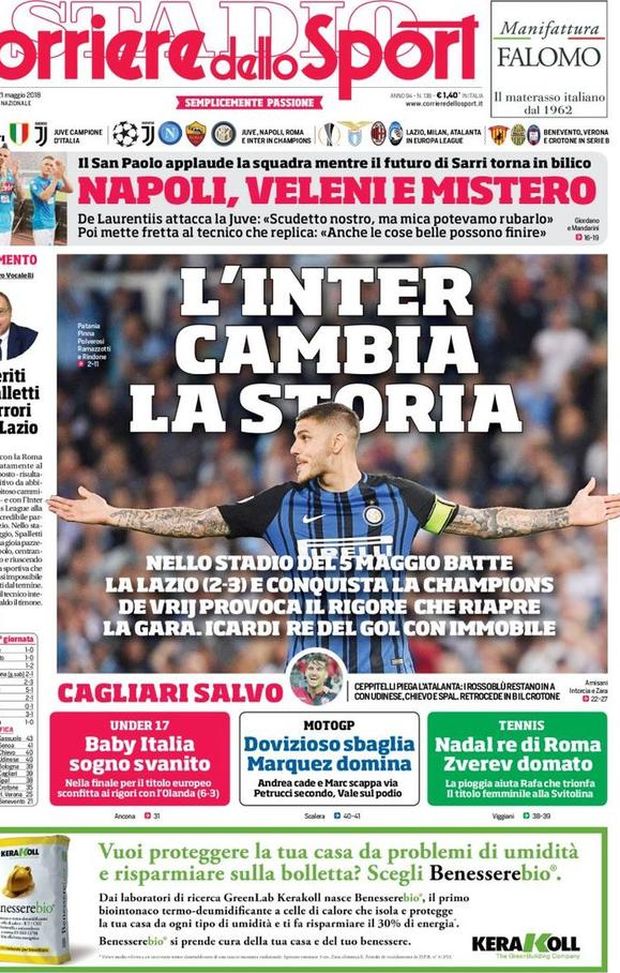 Prima Pagina, Corriere dello Sport: “L’Inter cambia la storia. Napoli, veleni e mistero. Crotone in Serie B…” Prima Pagina, Corriere dello Sport: “L’Inter cambia la storia. Napoli, veleni e mistero. Crotone in Serie B…”