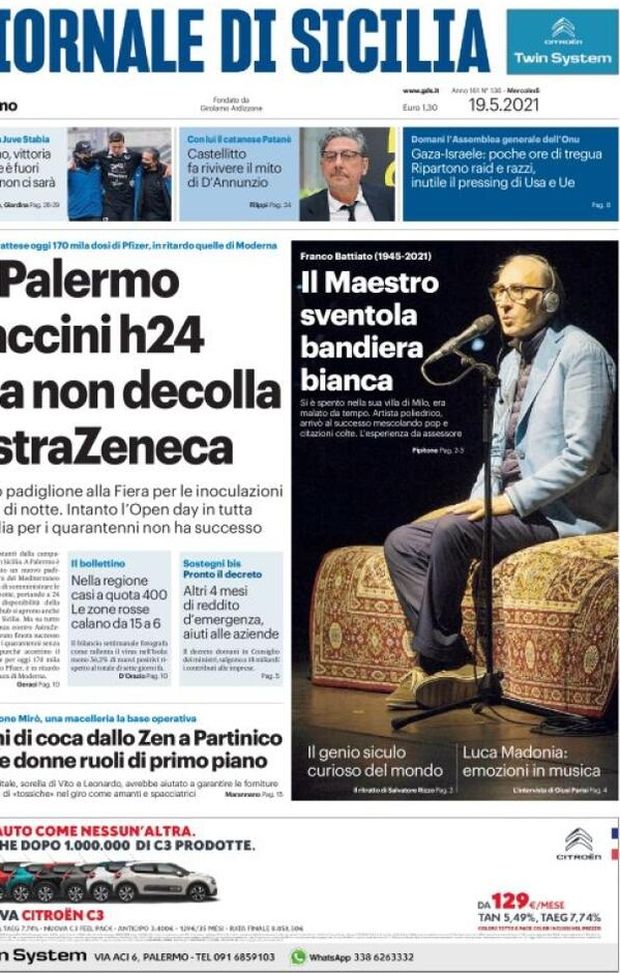 Prima Pagina, Giornale di Sicilia: “A Palermo vaccini h24 ma non decolla Astra Zeneca. Il Maestro sventola bandiera bianca”  Prima Pagina, Giornale di Sicilia: “A Palermo vaccini h24 ma non decolla Astra Zeneca. Il Maestro sventola bandiera bianca”