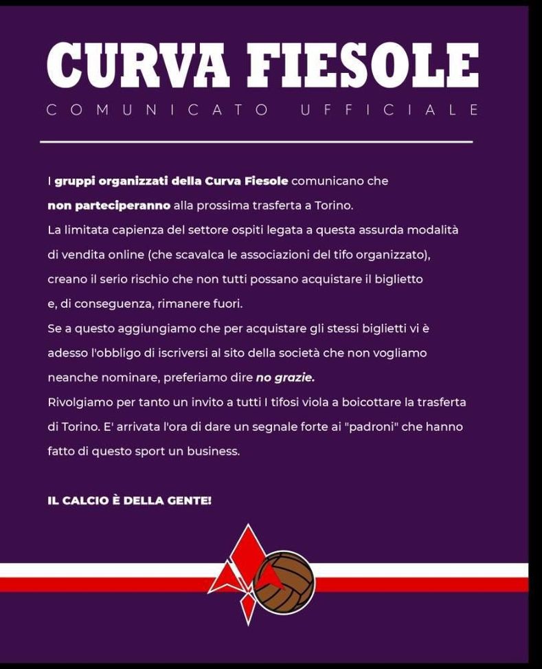Curva Fiesole: “Invitiamo tutti i tifosi a boicottare trasferta allo Stadium”- immagine 2