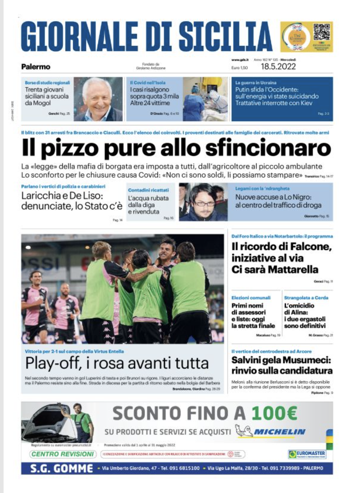 Prima Pagina, Giornale di Sicilia: “Playoff, Palermo avanti tutta. I casi risalgono”  prima pagina