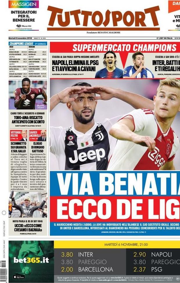 Prima Pagina, Tuttosport: “Via Benatia, ecco De Ligt. Napoli, elimina il PSG e ti avvicini a Cavani. L’Inter…” Prima Pagina, Tuttosport: “Via Benatia, ecco De Ligt. Napoli, elimina il PSG e ti avvicini a Cavani. L’Inter…”