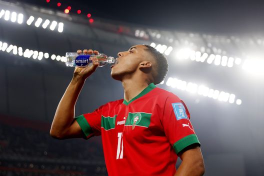 DOHA, QATAR - DECEMBER 17: Abdelhamid Sabiri of Morocco takes a drink prior to the FIFA World Cup Qatar 2022 3rd Place match between Croatia and Morocco at Khalifa International Stadium on December 17, 2022 in Doha, Qatar. (Photo by Alex Pantling/Getty Images) Sabiri