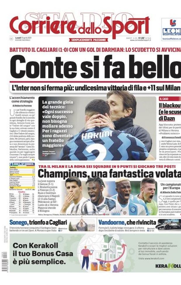 Prima Pagina, Corriere dello Sport: “Conte si fa bello! Champions, una fantastica volata” Prima Pagina, Corriere dello Sport: “Conte si fa bello! Champions, una fantastica volata”