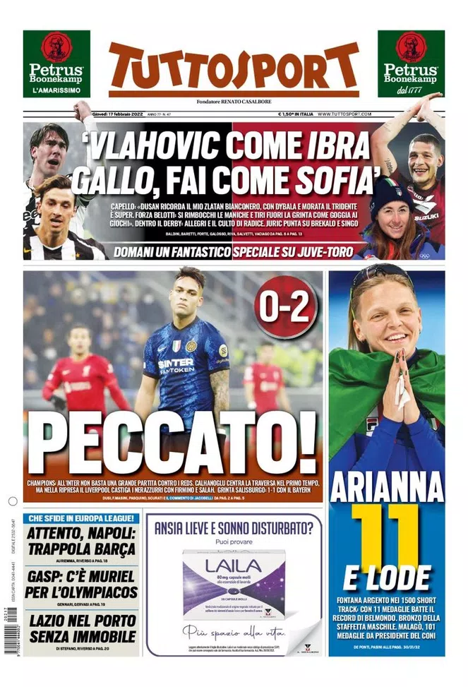 Prima Pagina, Tuttosport: “Peccato! Vlahovic come Ibra. Gallo, fai come Sofia” - immagine 1