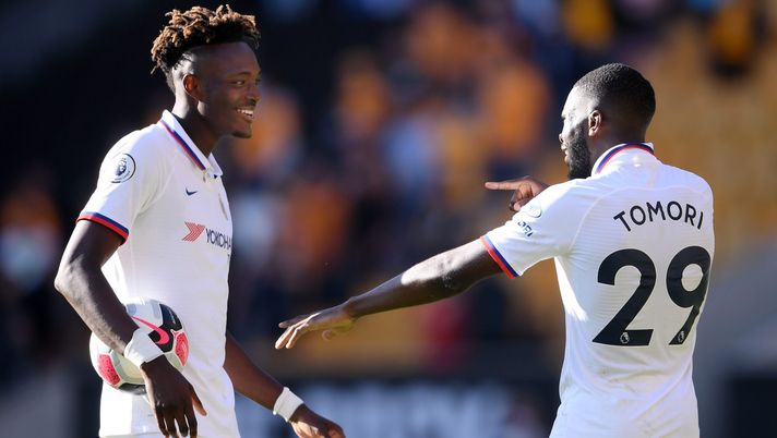WOLVERHAMPTON, ENGLAND - SEPTEMBER 14: Tammy Abraham of Chelsea speaks with Fikayo Tomori after scoring a hat trick during the Premier League match between Wolverhampton Wanderers and Chelsea FC at Molineux on September 14, 2019 in Wolverhampton, United Kingdom. (Photo by Laurence Griffiths/Getty Images) WOLVERHAMPTON, ENGLAND - SEPTEMBER 14: Tammy Abraham of Chelsea speaks with Fikayo Tomori after scoring a hat trick during the Premier League match between Wolverhampton Wanderers and Chelsea FC at Molineux on September 14, 2019 in Wolverhampton, United Kingdom. (Photo by Laurence Griffiths/Getty Images)