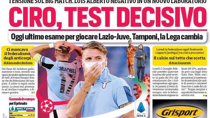 La Prima Pagina del 'Corriere dello Sport di oggi, 6 novembre 2020' 