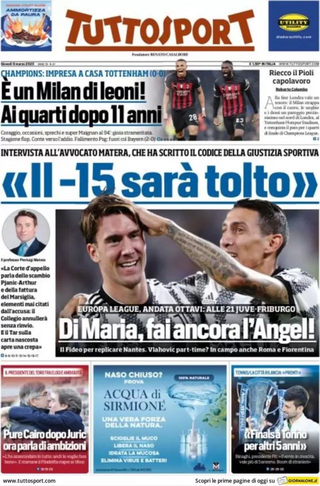 EDICOLA / TS: L’avvocato Matera: “Il -15 alla Juve sarà tolto”. Milan di leoni - immagine 1