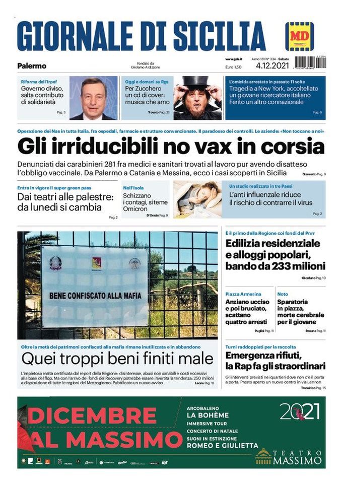Prima Pagina, Giornale di Sicilia: “Gli irriducibili no vax in corsia”  Prima Pagina, Giornale di Sicilia: “Gli irriducibili no vax in corsia” - immagine 1