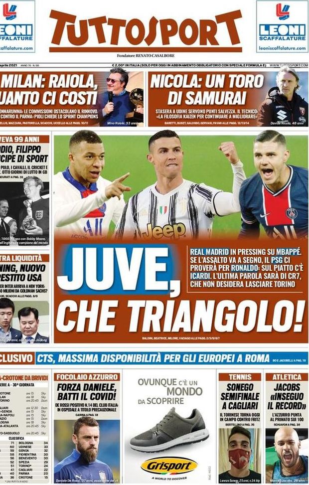 Prima Pagina, Tuttosport: “Juve, che triangolo! Il Milan, Raiola quanto ci costi” 