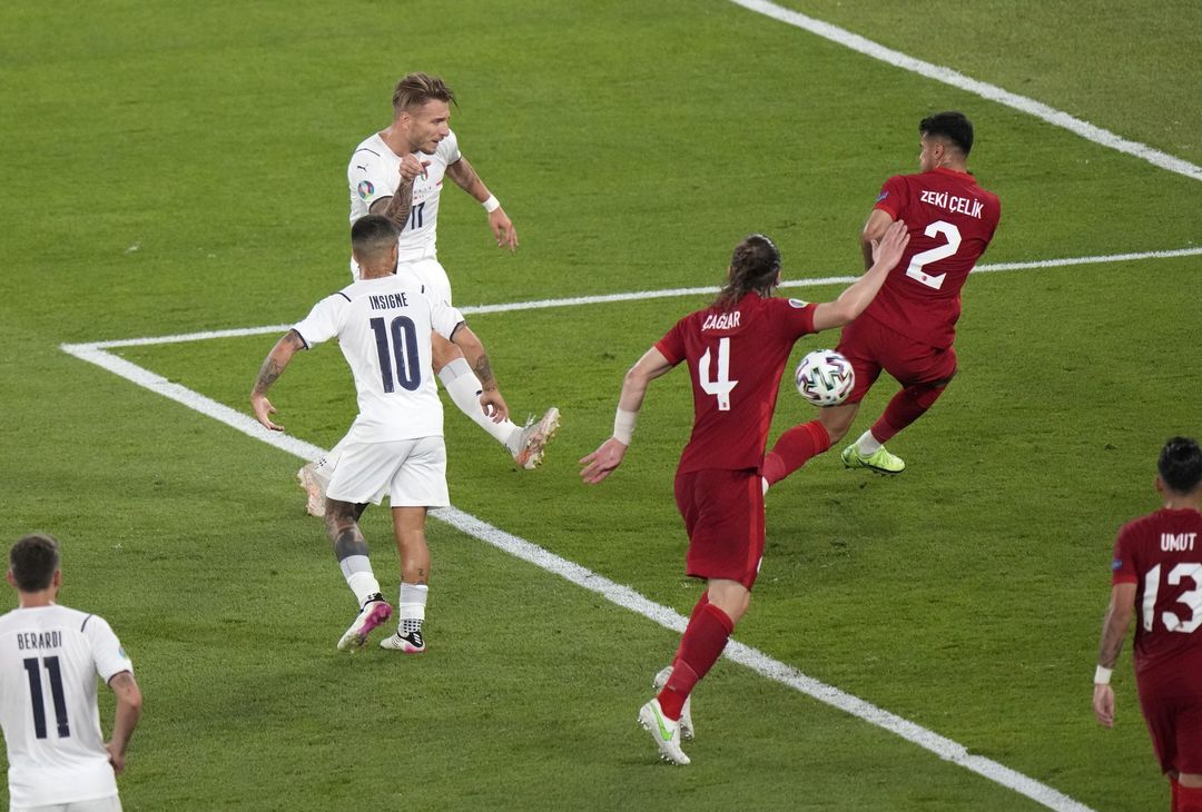  ROME, ITALY - JUNE 11: Ciro Immobile of Italy scores their side's second goal during the UEFA Euro 2020 Championship Group A match between Turkey and Italy at the Stadio Olimpico on June 11, 2021 in Rome, Italy. (Photo by Andrew Medichini - Pool/Getty Images) 