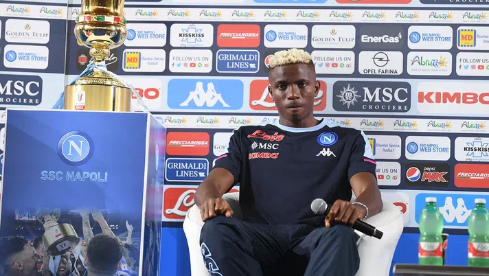 CASTEL DI SANGRO, ITALY - AUGUST 26:  Vìctor Osimhen speaks at a press conference during SSC Napoli Training Camp on August 26, 2020 in Castel di Sangro, Italy. (Photo by SSC NAPOLI/SSC NAPOLI via Getty Images)