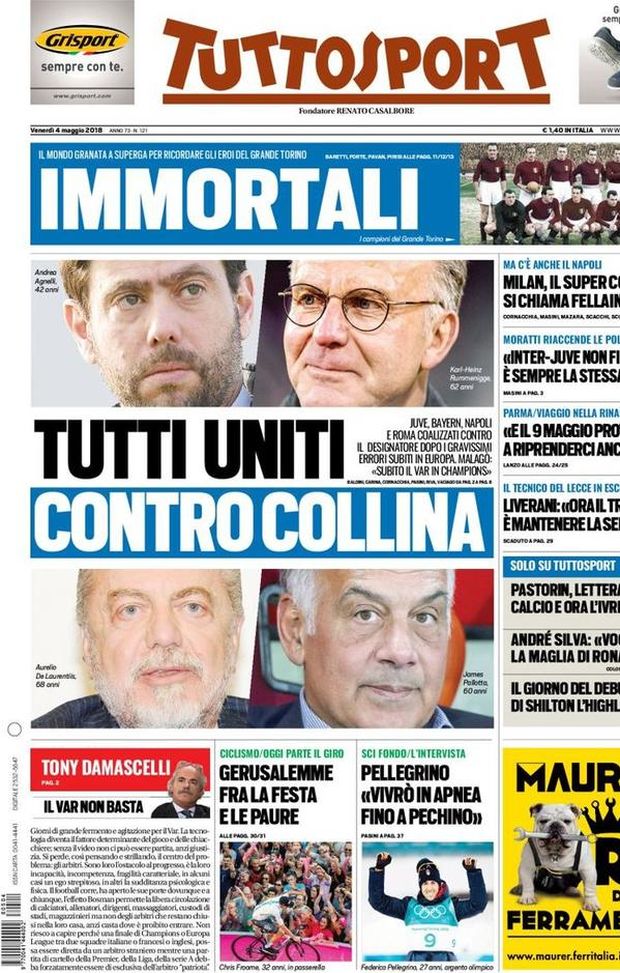 Prima Pagina, Tuttosport: “Tutti uniti contro Collina. Immortali: il ricordo del Grande Torino. Milan, supercolpo Fellaini…” Prima Pagina, Tuttosport: “Tutti uniti contro Collina. Immortali: il ricordo del Grande Torino. Milan, supercolpo Fellaini…”