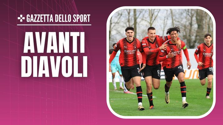 L'esultanza di Kevin Zeroli (centrocampista AC Milan Primavera) per il suo gol in Milan-Braga 2-2 (Youth League 2023-2024), partita vinta dai rossoneri di Ignazio Abate ai calci di rigore | Milan News (Getty Images) esultanza gol Kevin Zeroli AC Milan Primavera Milan-Braga 2-2 Youth League 2023-2024