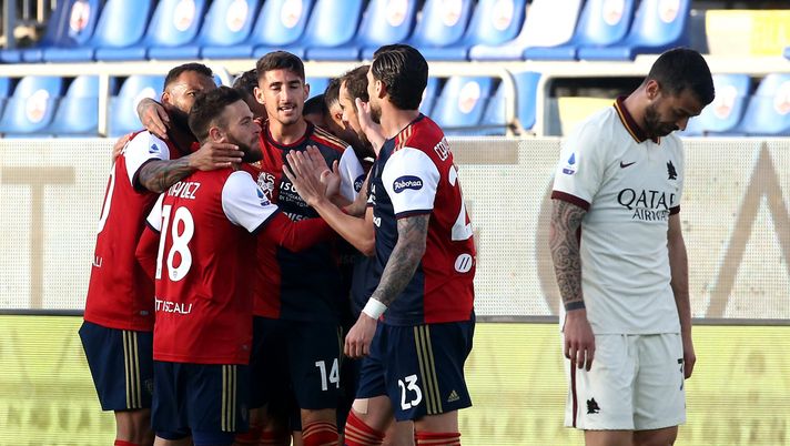 CAGLIARI, ITALY - APRIL 25: Razvan Marin of Cagliari celebrates his goal 2-1 during the Serie A match between Cagliari Calcio and AS Roma at Sardegna Arena on April 25, 2021 in Cagliari, Italy. Sporting stadiums around Italy remain under strict restrictions due to the Coronavirus Pandemic as Government social distancing laws prohibit fans inside venues resulting in games being played behind closed doors. (Photo by Enrico Locci/Getty Images) CAGLIARI, ITALY - APRIL 25: Razvan Marin of Cagliari celebrates his goal 2-1 during the Serie A match between Cagliari Calcio and AS Roma at Sardegna Arena on April 25, 2021 in Cagliari, Italy. Sporting stadiums around Italy remain under strict restrictions due to the Coronavirus Pandemic as Government social distancing laws prohibit fans inside venues resulting in games being played behind closed doors. (Photo by Enrico Locci/Getty Images)