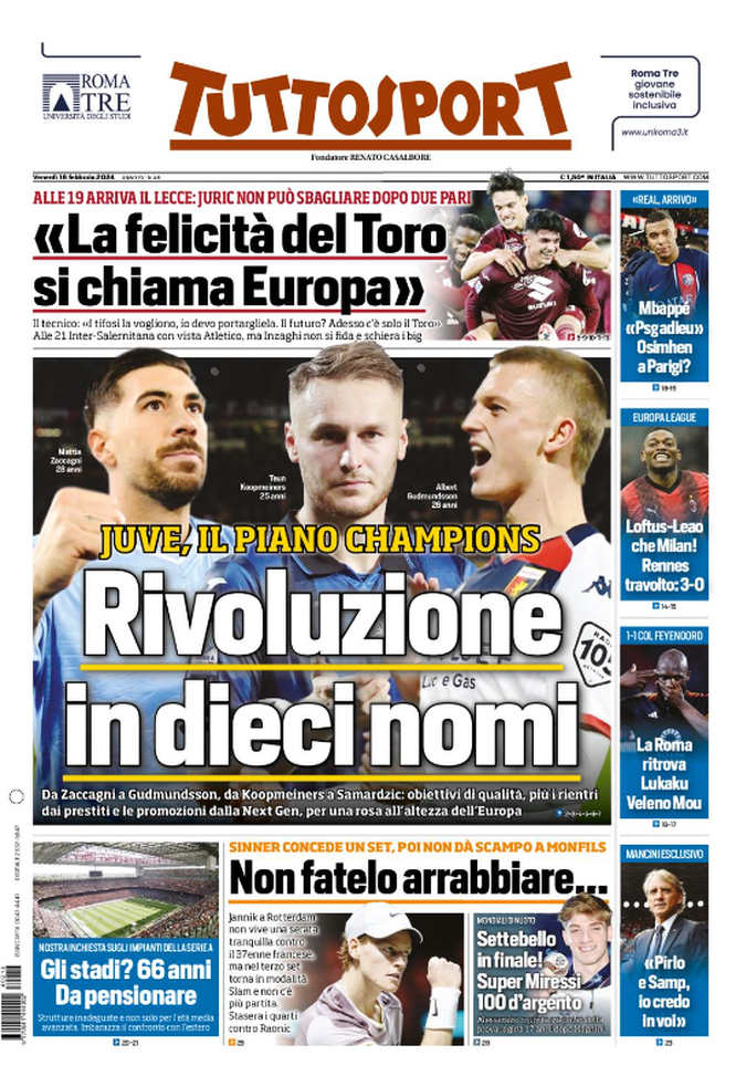 Prima Pagina Tuttosport 16-02-2024