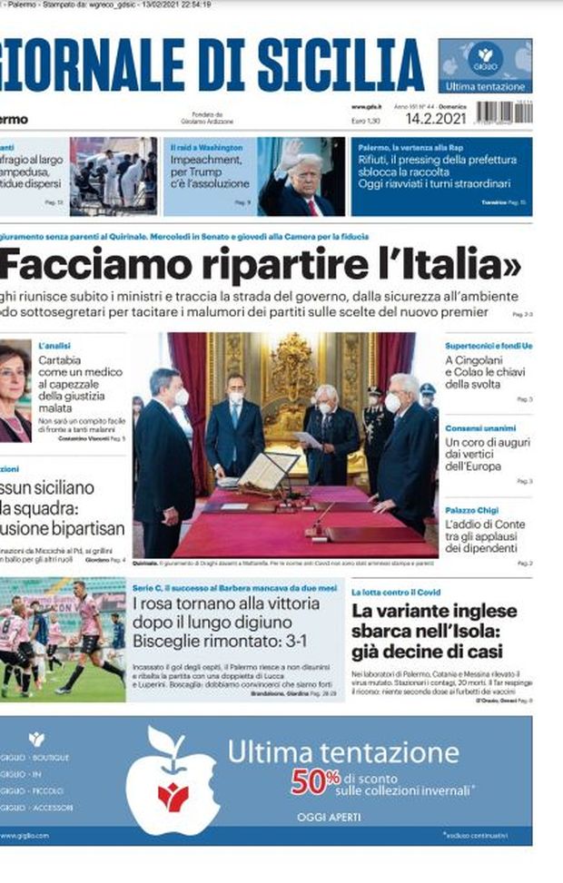 Prima Pagina, Giornale di Sicilia: “I rosa tornano alla vittoria dopo il lungo digiuno” 