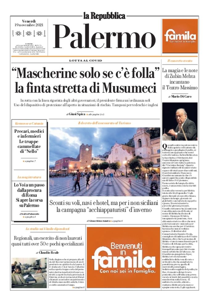 Prima Pagina, La Repubblica-Palermo: “Mascherine solo se c’è folla” Prima Pagina