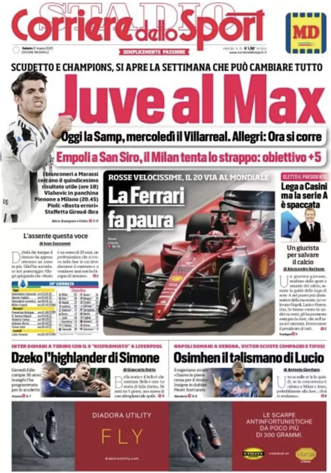 Prima Pagina, Corriere dello Sport: “Juve al Max. Il Milan tenta lo strappo”  prima pagina