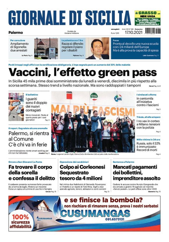 Prima Pagina, Giornale di Sicilia: “Vaccini, l’effetto green pass” - immagine 1