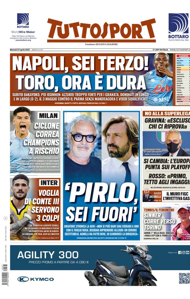 Prima Pagina, Tuttosport: “Napoli, sei terzo! Toro, ora è dura. Briatore stronca la Juve. Inter, servono 3 colpi” 