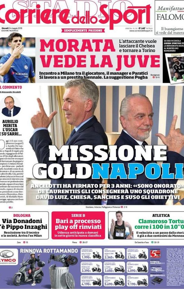 Prima Pagina, Corriere dello Sport: “Missione GoldNapoli. Morata vede la Juve. Bologna: via Donadoni. Serie B: Bari a processo…” Prima Pagina, Corriere dello Sport: “Missione GoldNapoli. Morata vede la Juve. Bologna: via Donadoni. Serie B: Bari a processo…”
