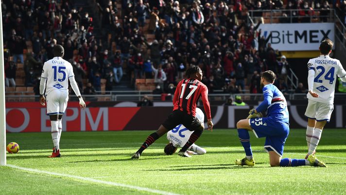 MILAN, ITALY - FEBRUARY 13: Rafael Leao of AC Milan scores the opening goal during the Serie A match between AC Milan and UC Sampdoria at Stadio Giuseppe Meazza on February 13, 2022 in Milan, Italy. (Photo by Claudio Villa/AC Milan via Getty Images)