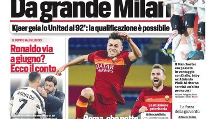 Prima Pagina, Corriere dello Sport: “Da grande Milan, Kjaer gela lo United. Ronaldo via a giugno? Ecco il conto” 