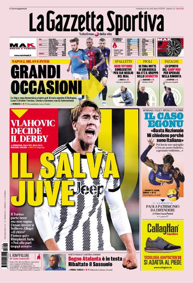 La Gazzetta dello Sport, la prima pagina di oggi, domenica 16 ottobre 2022