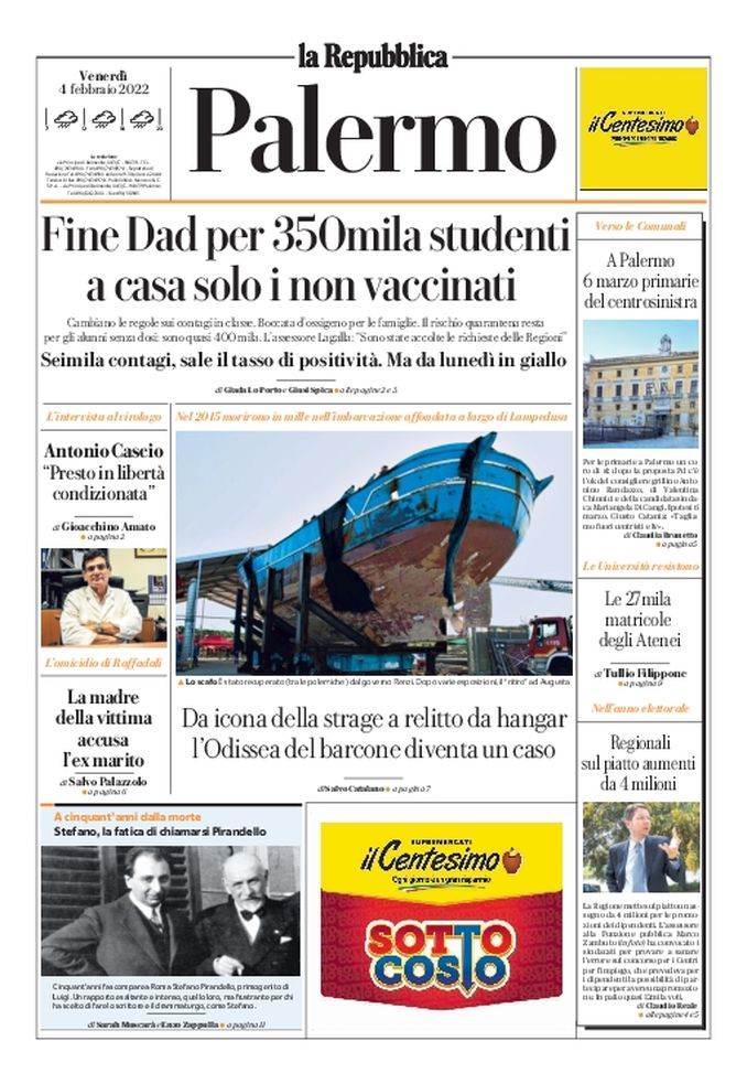 Prima Pagina, La Repubblica-Palermo: “Fine Dad, a casa solo i non vaccinati”  Prima Pagina