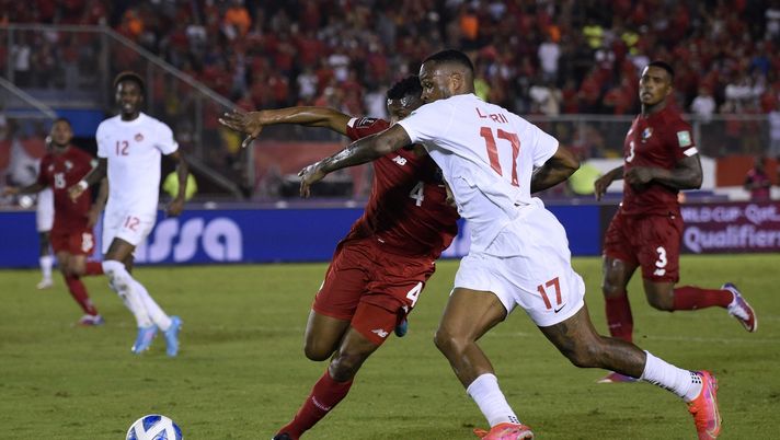 CIUDAD DE PANAMA, PANAMA - MARCH 30: Fidel Escobar of Panama fights for the ball with Cyle Larin of Canada during a match between Panama and Canada as part of Concacaf 2022 FIFA World Cup Qualifiers at Rommel Fernandez Stadium on March 30, 2022 in Ciudad de Panama, Panama. (Photo by Guillermo Legaria/Getty Images) 