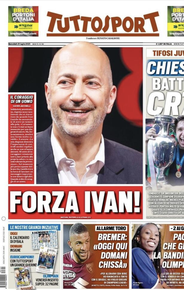 Prima Pagina, Tuttosport: &#8220;Forza Ivan! Tifosi Juventus, Chiesa Batte CR7&#8221; 