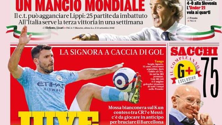 Prima Pagina, La Gazzetta dello Sport: &#8220;Un Mancio Mondiale! Juve, scatto Aguero&#8221; 