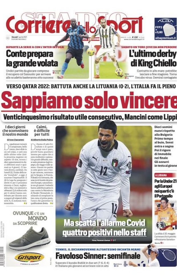 Prima Pagina, Corriere dello Sport: “Sappiamo solo vincere ma scatta l’allarme Covid. Conte prepara la grande volata” 