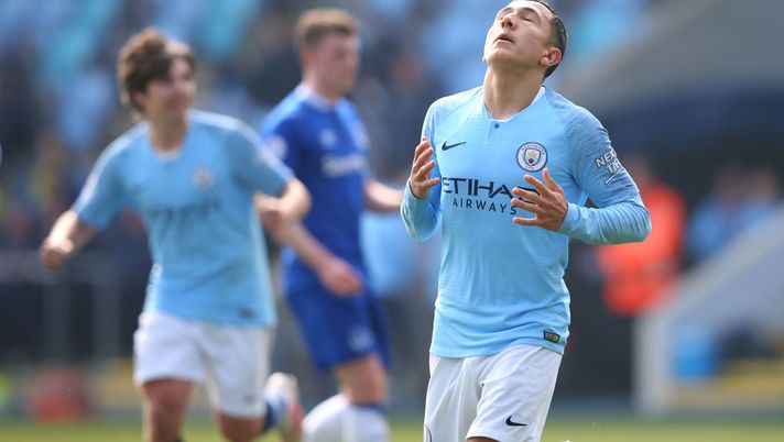 MANCHESTER, ENGLAND - APRIL 07: Ian Carlo Poveda-Ocampo of Manchester City celebrates after scoring their third goal during the Premier League 2 match between Manchester City and Everton at The Academy Stadium on April 07, 2019 in Manchester, England. (Photo by Alex Livesey/Getty Images) 