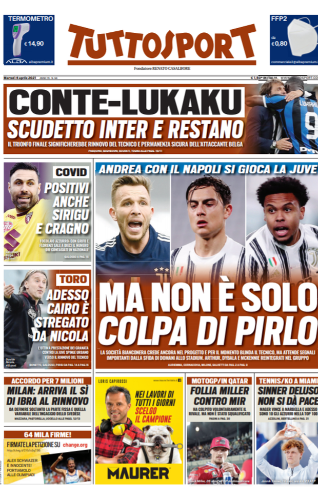 Prima Pagina, Tuttosport: “Ma non è solo colpa di Pirlo. Conte-Lukaku, scudetto Inter e restano” 