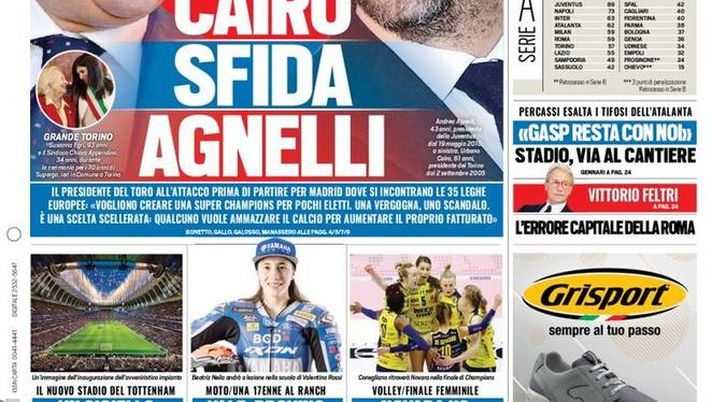 Prima Pagina, Tuttosport: “Cairo sfida Agnelli. Supermercato Juve. Il Milan rivede la Champions” Prima Pagina, Tuttosport: “Cairo sfida Agnelli. Supermercato Juve. Il Milan rivede la Champions”
