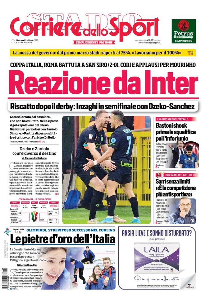 Prima Pagina, Corriere dello Sport: “Reazione da Inter. Bastoni shock” - immagine 1