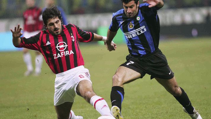 Gennaro Gattuso e Luis Figo, quando vestivano le maglie di Milan e Inter (credits: GETTY images) 
