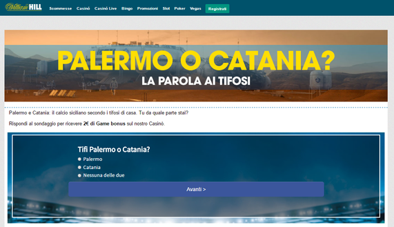 Sondaggio William Hill: tifi Palermo o Catania? Sondaggio William Hill: tifi Palermo o Catania?
