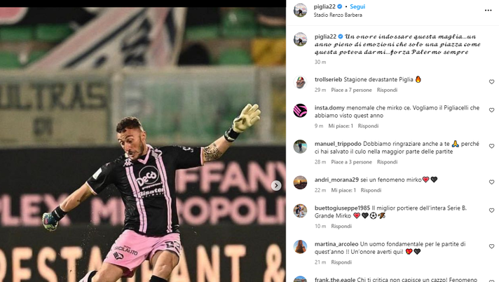 Palermo, Pigliacelli: “Anno pieno di emozioni, un onore indossare questa maglia” Palermo, Pigliacelli: “Anno pieno di emozioni, un onore indossare questa maglia” - immagine 1