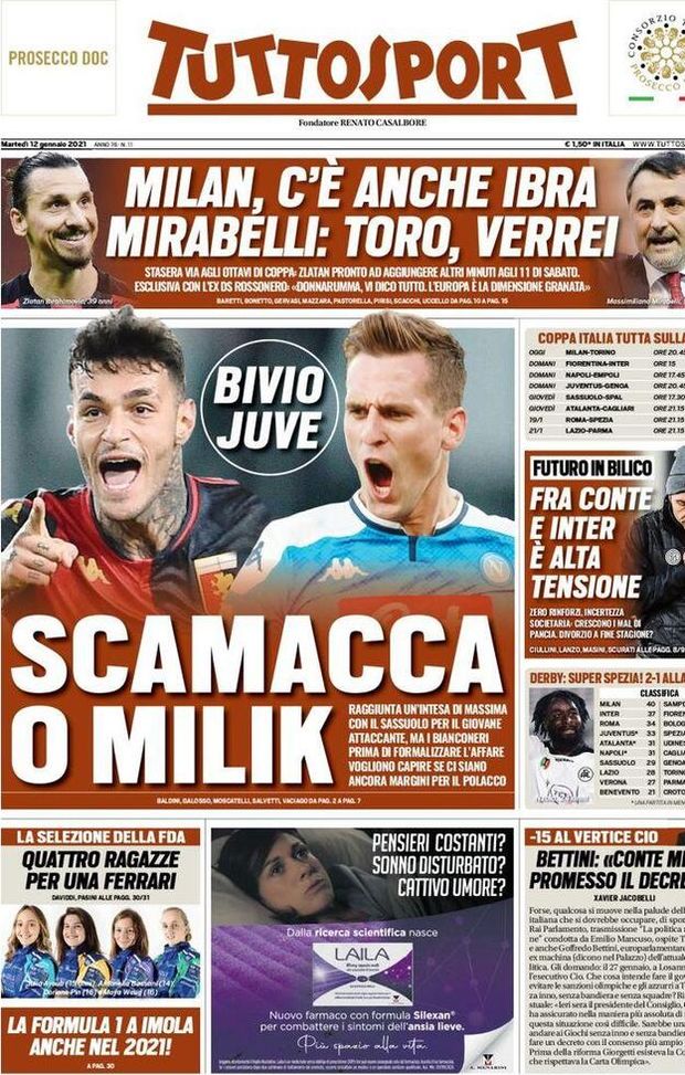 Tuttosport La Prima Pagina Di Oggi 12 Gennaio 2021 Pianeta Milan