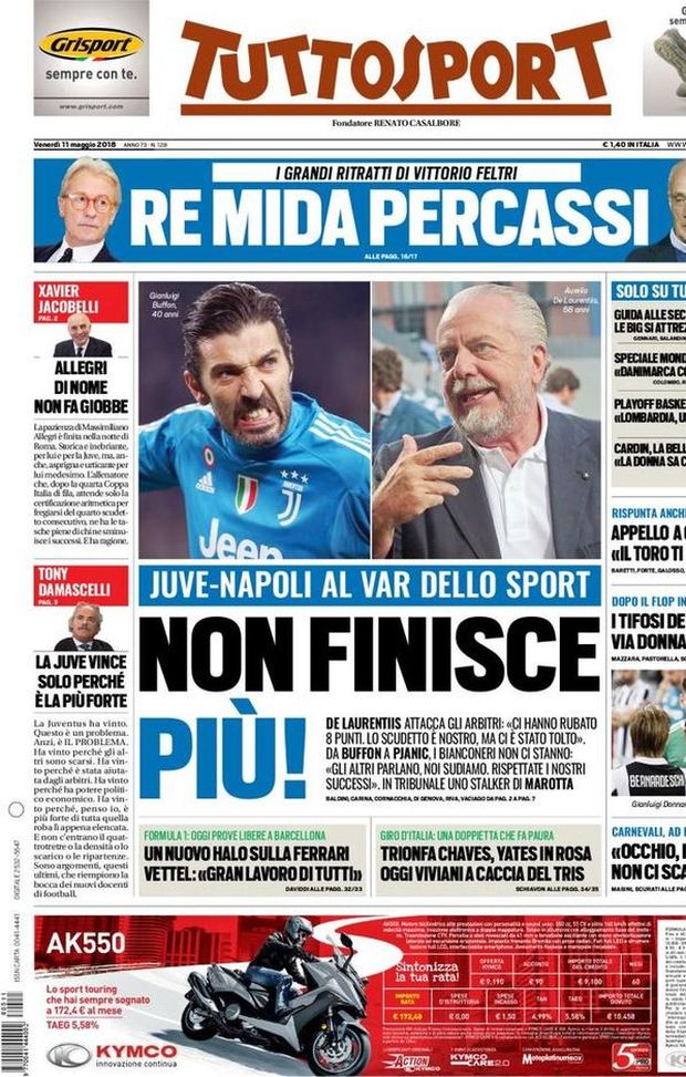 Prima Pagina, Tuttosport: “Juve-Napoli al VAR dello sport. De Laurentiis: ‘Lo scudetto è nostro’. Tifosi del Milan contro Gigio…” Prima Pagina, Tuttosport: “Juve-Napoli al VAR dello sport. De Laurentiis: ‘Lo scudetto è nostro’. Tifosi del Milan contro Gigio…”