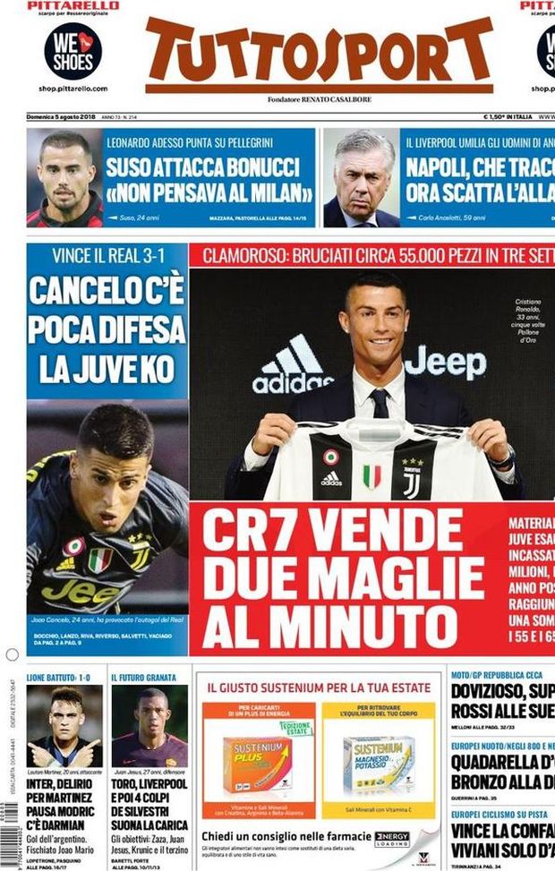 Prima Pagina, Tuttosport: “CR7 vende due maglie al minuto. Suso attacca Bonucci. Napoli, che tracollo! Deliro per Martinez…” Prima Pagina, Tuttosport: “CR7 vende due maglie al minuto. Suso attacca Bonucci. Napoli, che tracollo! Deliro per Martinez…”
