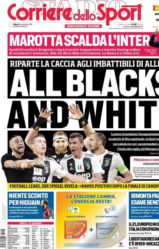 Prima Pagina, Corriere dello Sport: “All blacks and white. Marotta scalda l’Inter. Rimonta Palermo. Higuain… Prima Pagina, Corriere dello Sport: “All blacks and white. Marotta scalda l’Inter. Rimonta Palermo. Higuain…